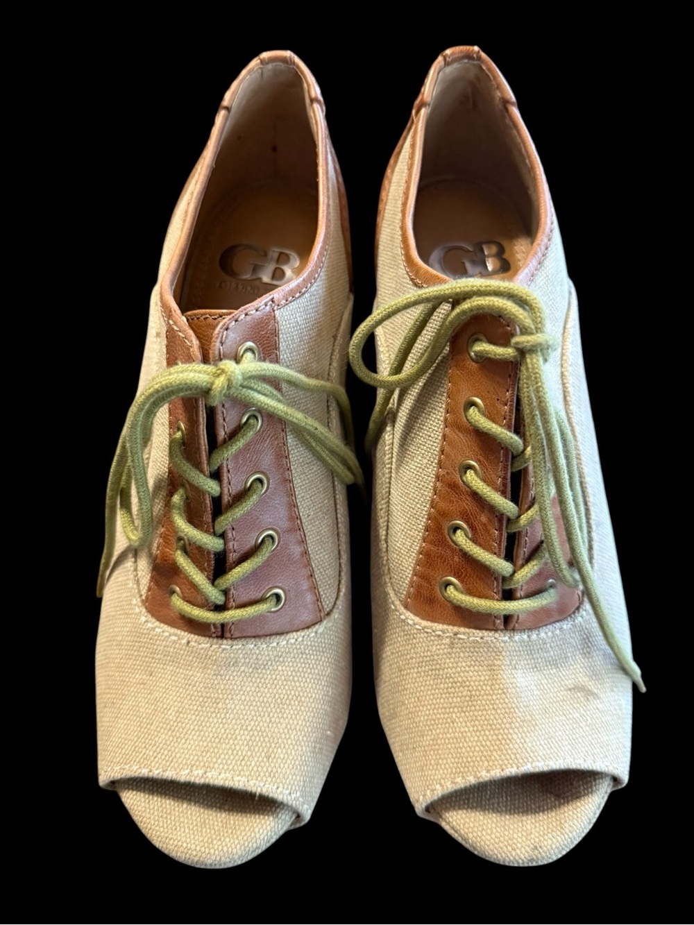 Gianni Bini 9.5M Canvas Peep Toe Wedge Shoes Lace Up Tan Beige Boho Y2K